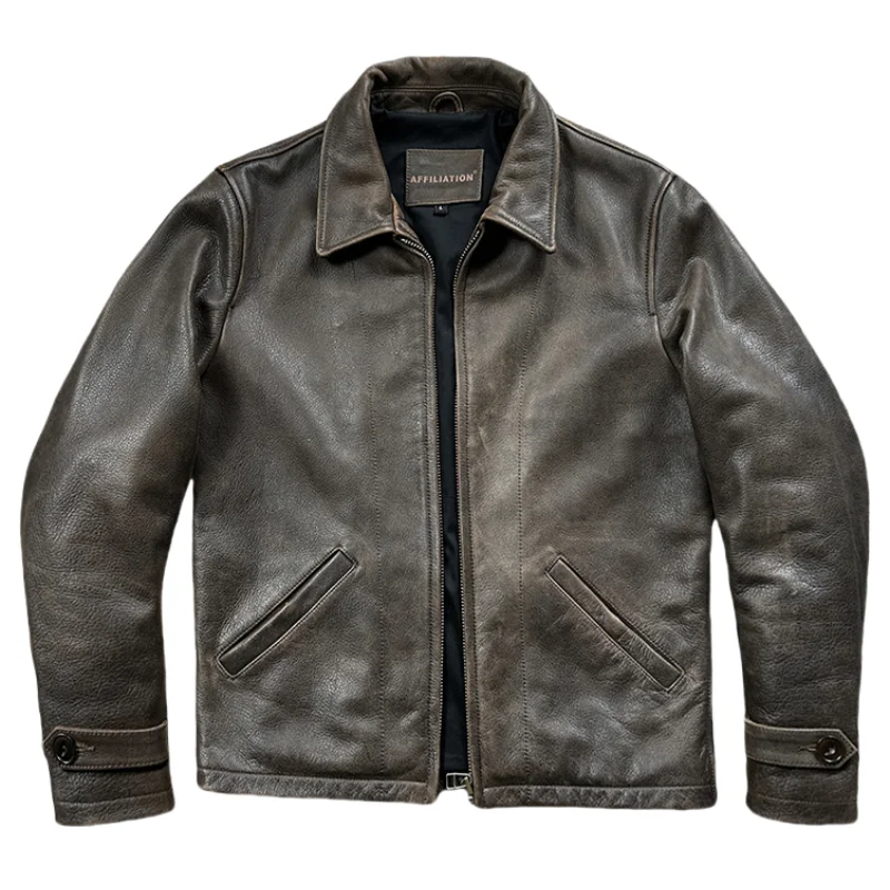 

Dark Brown Winter Leather Jacket Men Retro Vintage Style Plus Size 5XL Genuine Natural Thick Cowhide Turn-Down Collar Coat