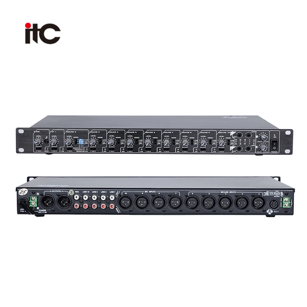 Progetto per indirizzi pubblici Preamplificatore mixer a 2 canali 10 microfoni, 4 Aux, 2 uscite di linea XLR, CA 230 V e 24 V CC
