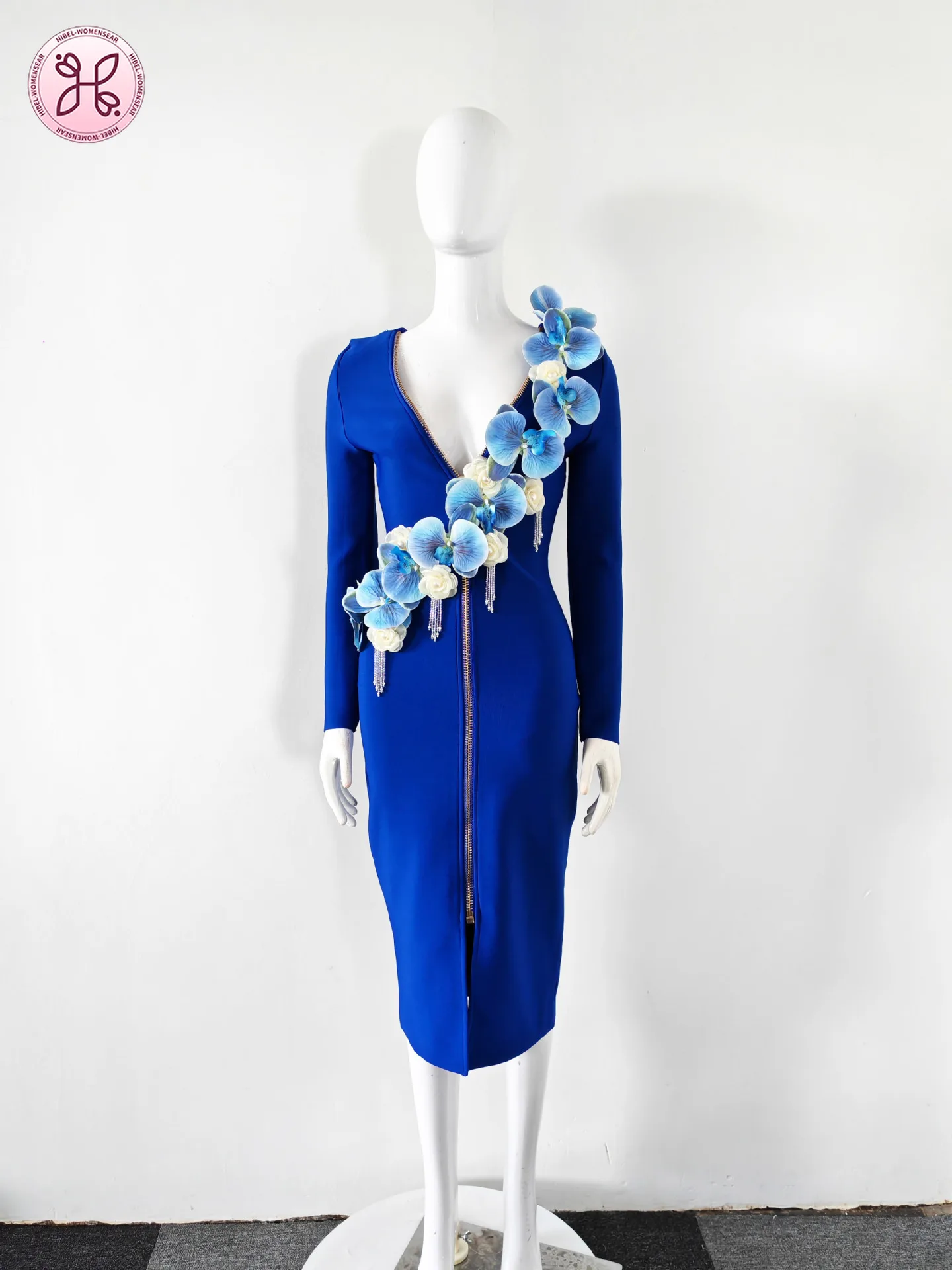 Blauwe kleur dames lange mouw sexy ritssluiting bloemen bodycon midi bandage jurk avondfeest vieren cocktail outfit