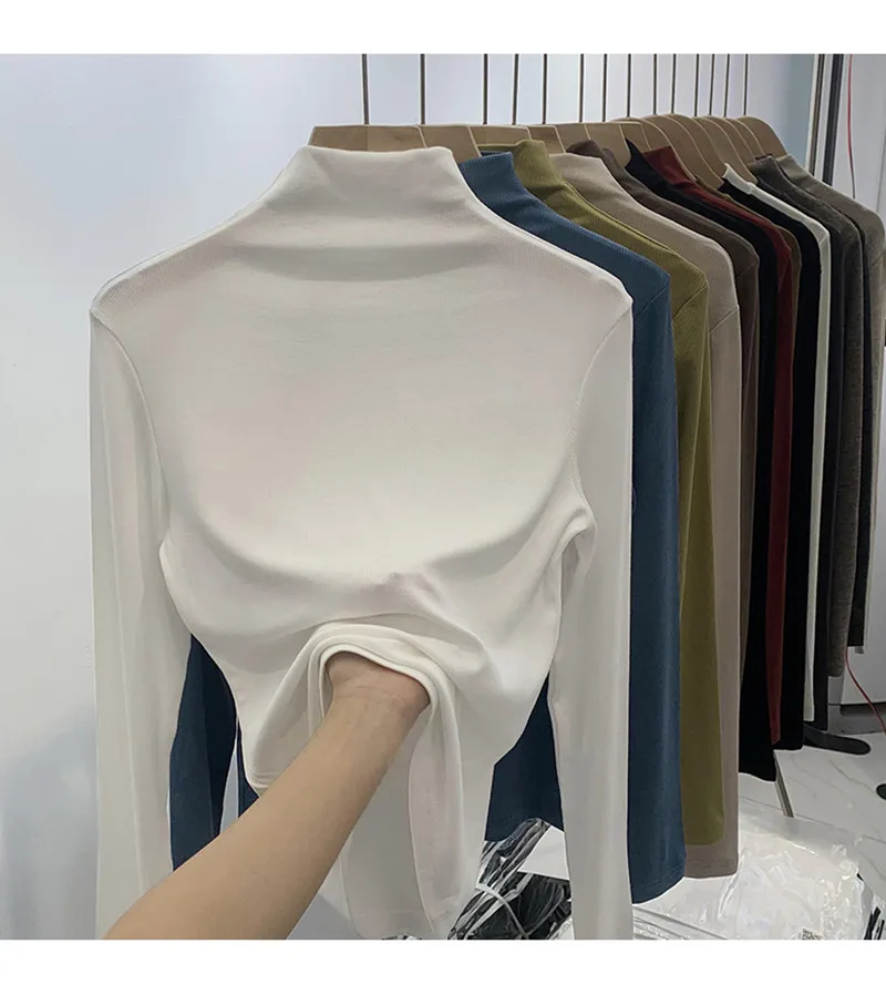 White Long Sleeve Half High Collar Versatile Inner Wear Face Mask Shirt Women's Base Layer T-Shirt Spring Autumn Winter