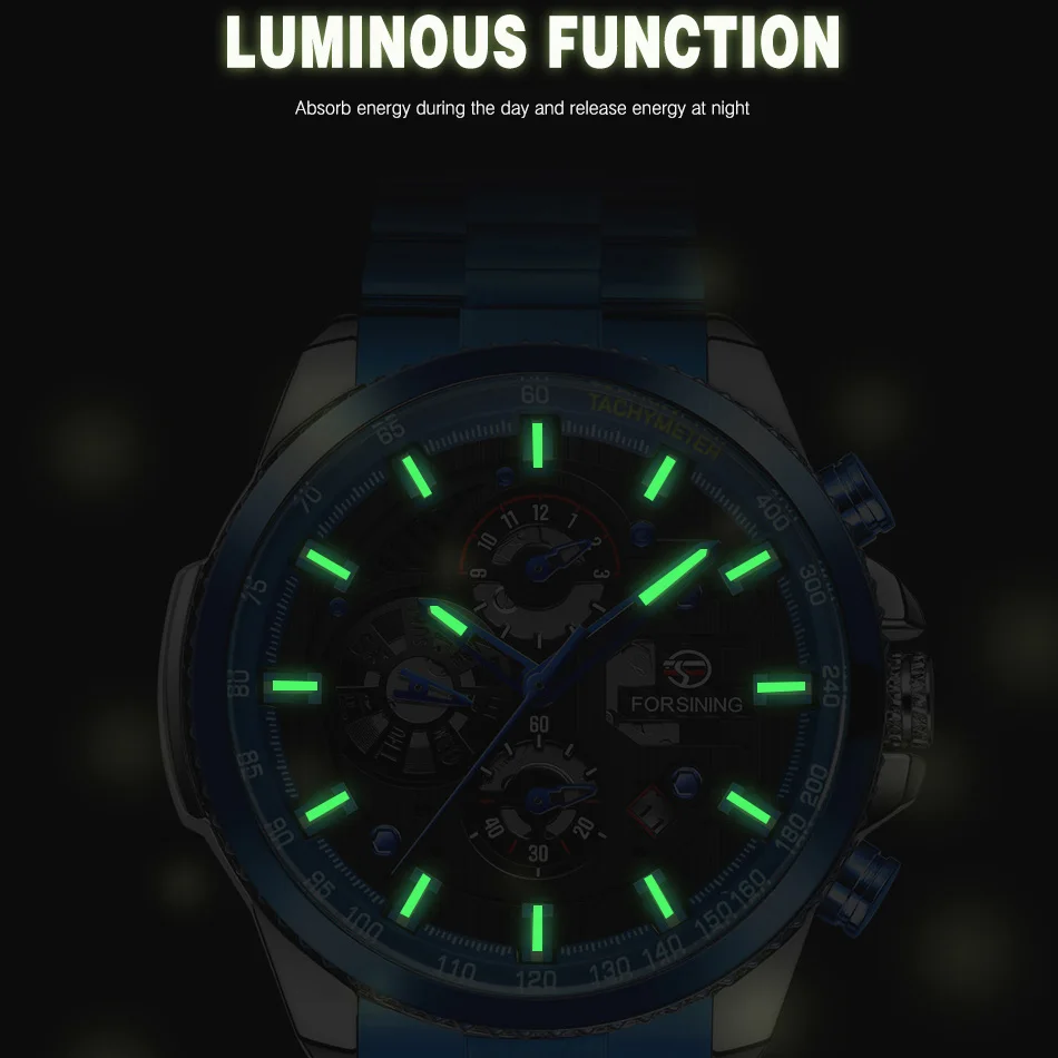 Sport impermeabile luminoso blu grandi orologi meccanici orologio da uomo in acciaio inossidabile di lusso orologio da polso automatico