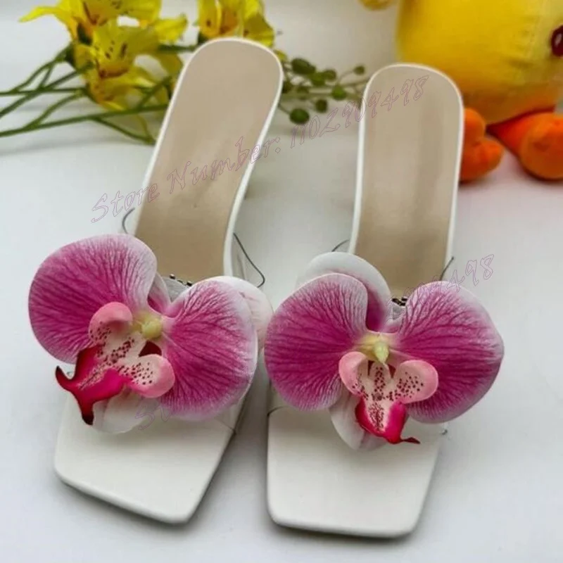 White Flower Decor Slippers Square Toe Shoes for Women Stilettos High Heels Summer Party Elegant Shoes 2024 Zapatos Para Mujere