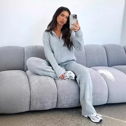 Women's New Autumn and Winter Solid Color Knit Two-piece Set, Half Zip Lapel Pullover Top + Wide Leg Pants Casual Loose Knit Set