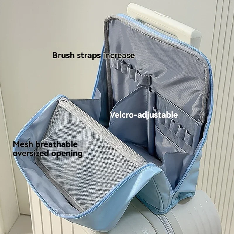 Bolsa de cosméticos dobrável, formato dividido, portátil, para viagem, organizador de higiene e armazenamento, grande capacidade, para pincéis de maqu