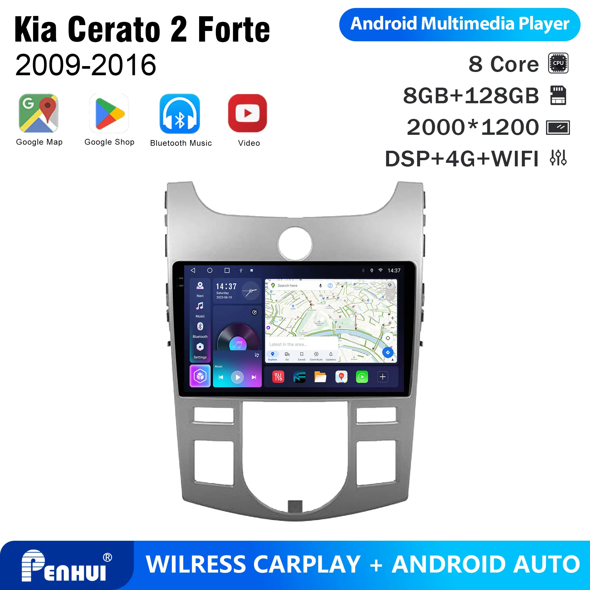 Penhui For  Cerato 2 Forte 2009-2016 Android Car DVD Player 2Din 9'' Touchscreen DSP Bluetooth Video Multimedia System