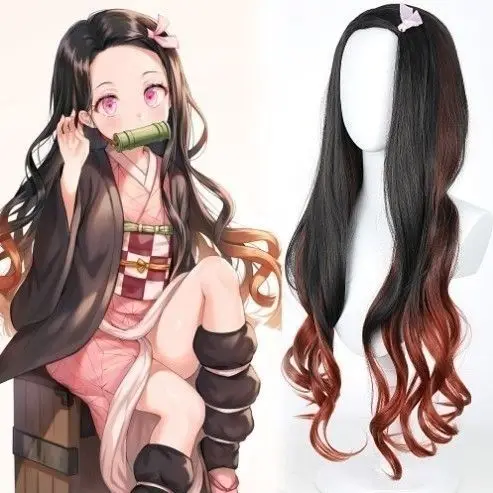 ‌ Nezuko peruca cosplay-cabelo de personagem demon slayer, peruca sintética premium cor natural gradiente acessórios de fantasia de halloween