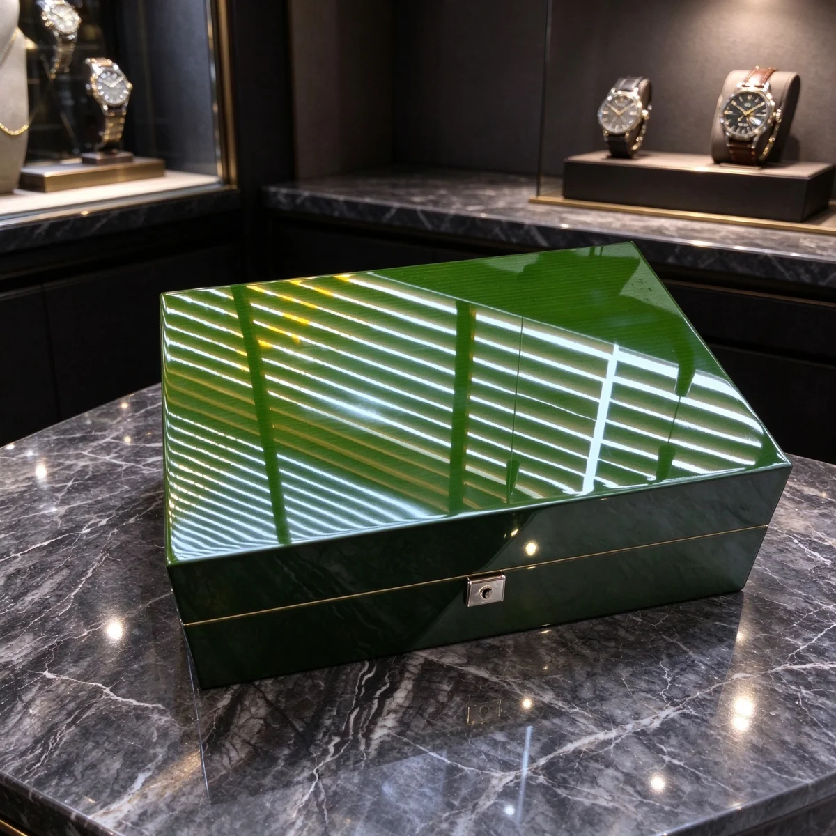 Luxury Square Paper Green Piano Lacquer Watch Box 10 Slots with Lock Removable Suede Cushion Storage Case Custom Logo Outside