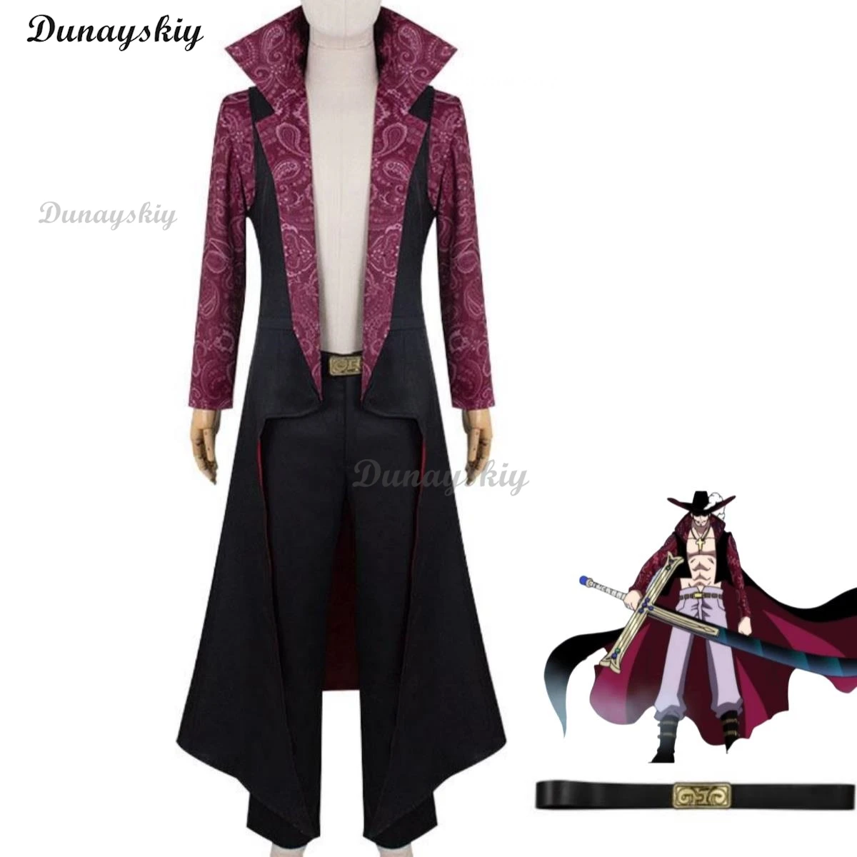 

Live Action Movies Dracule Mihawk Cosplay Costume Stand-up Collar Cloak Printing Trench Coat Adult Man Halloween Carnival Suit