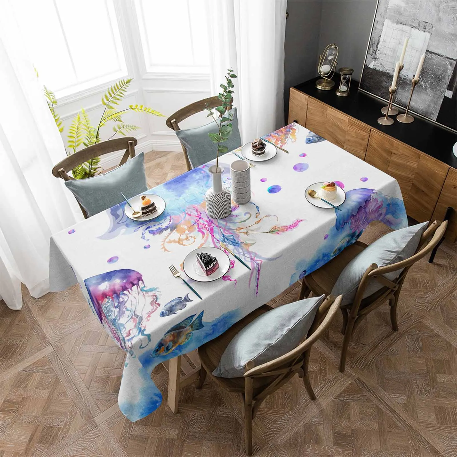 

Summer Sea Life Jellyfish Watercolor Waterproof Tablecloth Party Decorations Supplies Rectangle Table Cloth Kitchen Table Decor