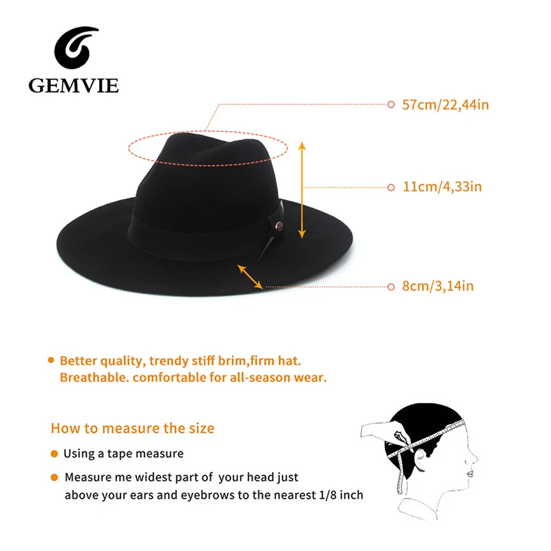 GEMVIE 100% Wool Felt Wide Brim Fedora for Man Women with Black Silver Feather Autumn Winter Panama Cap