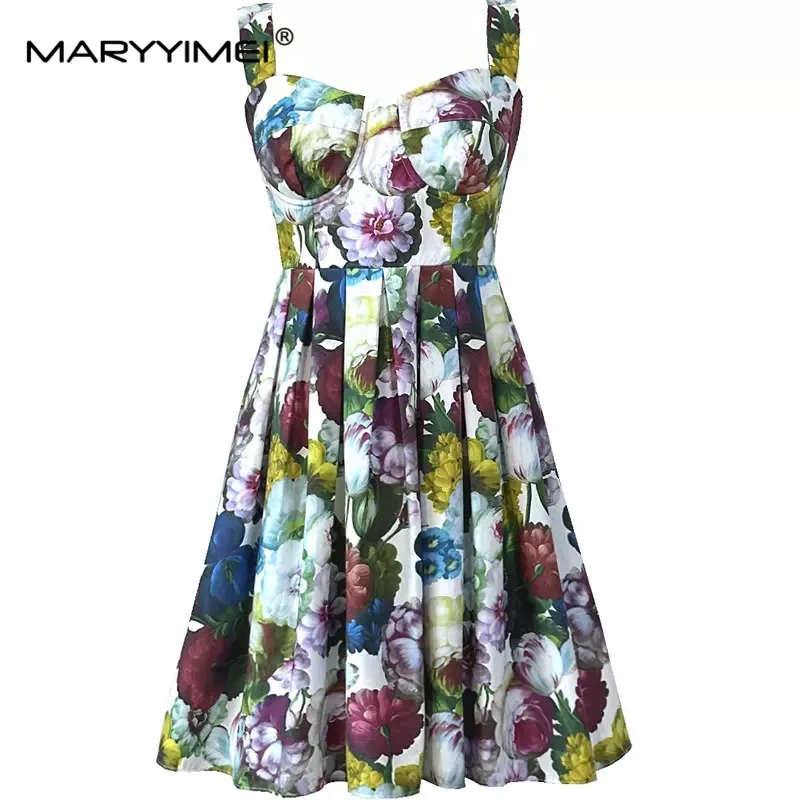 MARYYIMEI Fashion Women's New Cotton Spaghetti Strap Sleeveless Floral Short Dress Vintage Elegant Printed Backless MIDI Dress