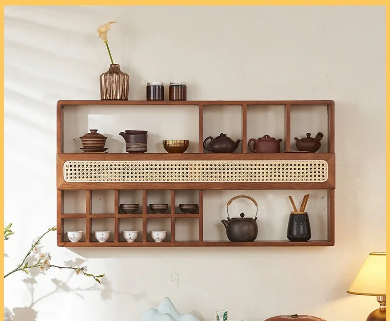 Tea room furniture is surprised by the wind, rattan, solid wood, Duobao pavilion, wall-mounted Bogu rack, storage ornament