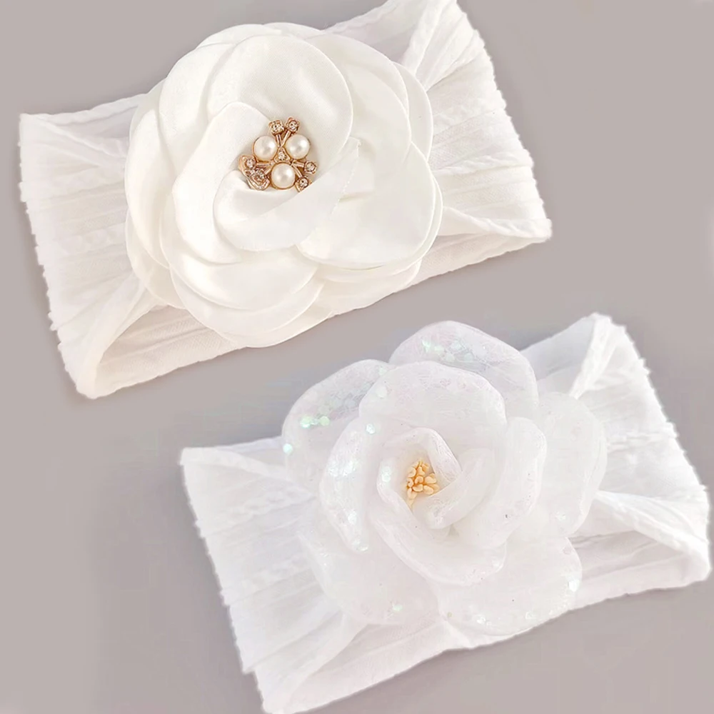 Baby White Flower Nylon Headband Newborn Wide Twist Print Chiffon Flower Bow Jacquard Headbands Princess Diamond Pearl Headwear