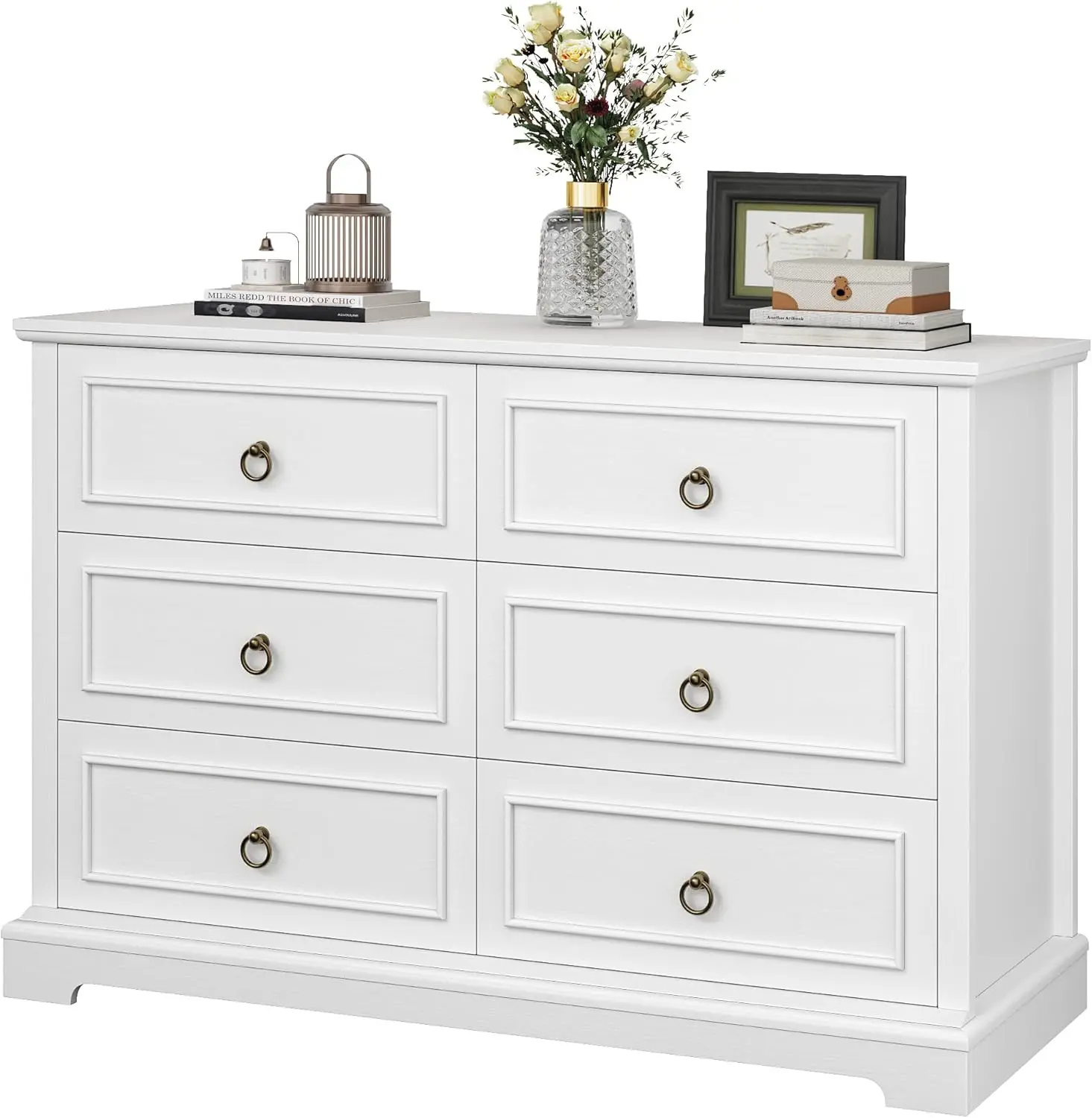 6 Drawers Dresser, White Chest of Drawers, Wide Wood Double Dressers, Modern Farmhouse Storage Dresser for Living Room, Entryway