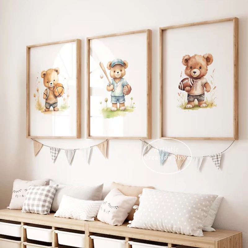 Watercolor Cartoon Sports Teddy Bear Playing Soccer Nursery Poster Canvas Painting Wall Art Pictures Home Kid‘s Room Decor Gift