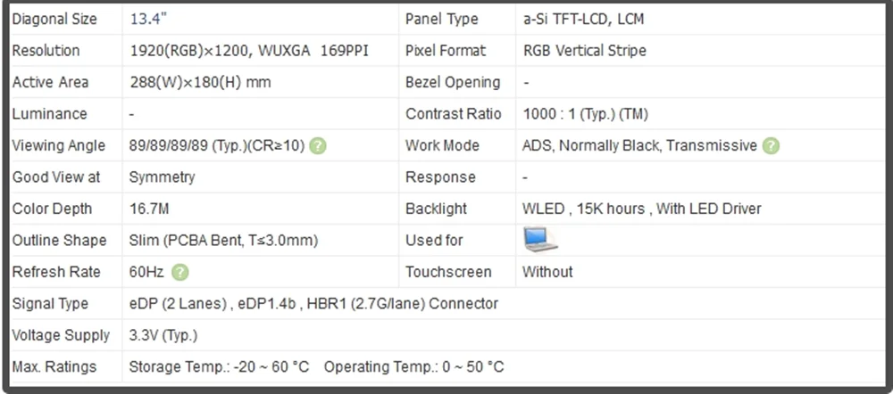 Tela LED LCD, Painel IPS, Sem Toque, FHD, 1920x1200, 60Hz, NE134WM-N82, NE134WUM N82, 13,4"