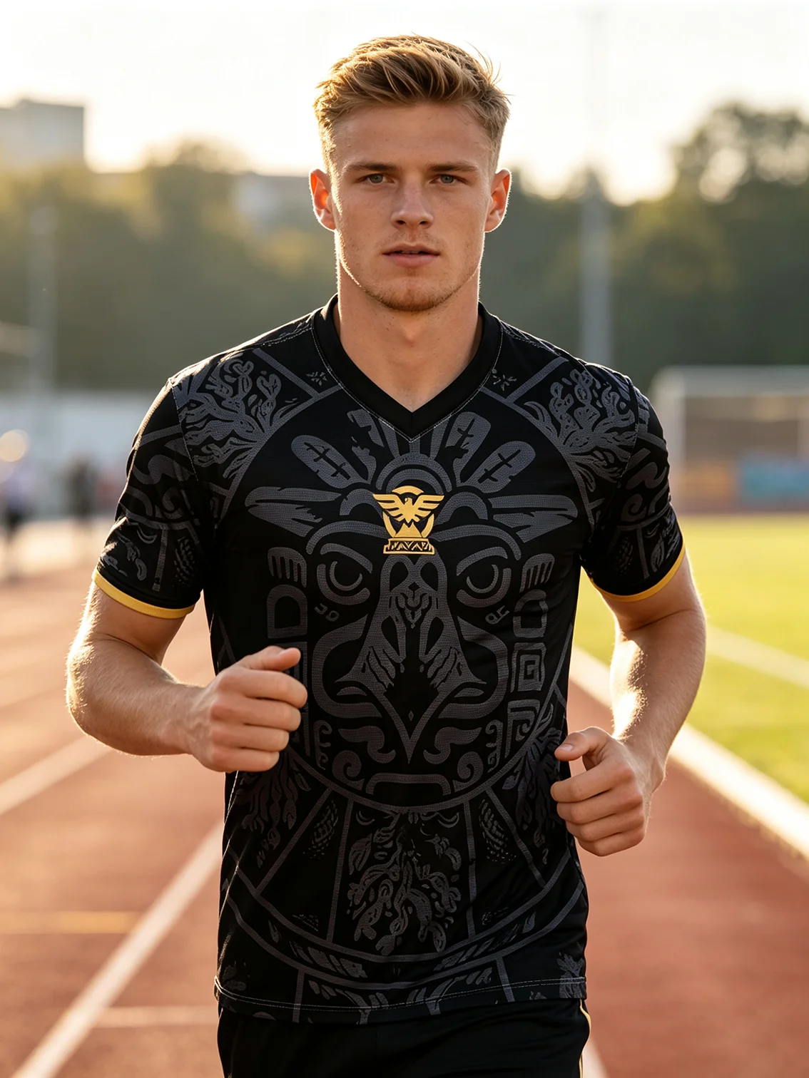 Men's black Mexico national‑team shirt, golden cuff trim, breathable sweat‑wicking material