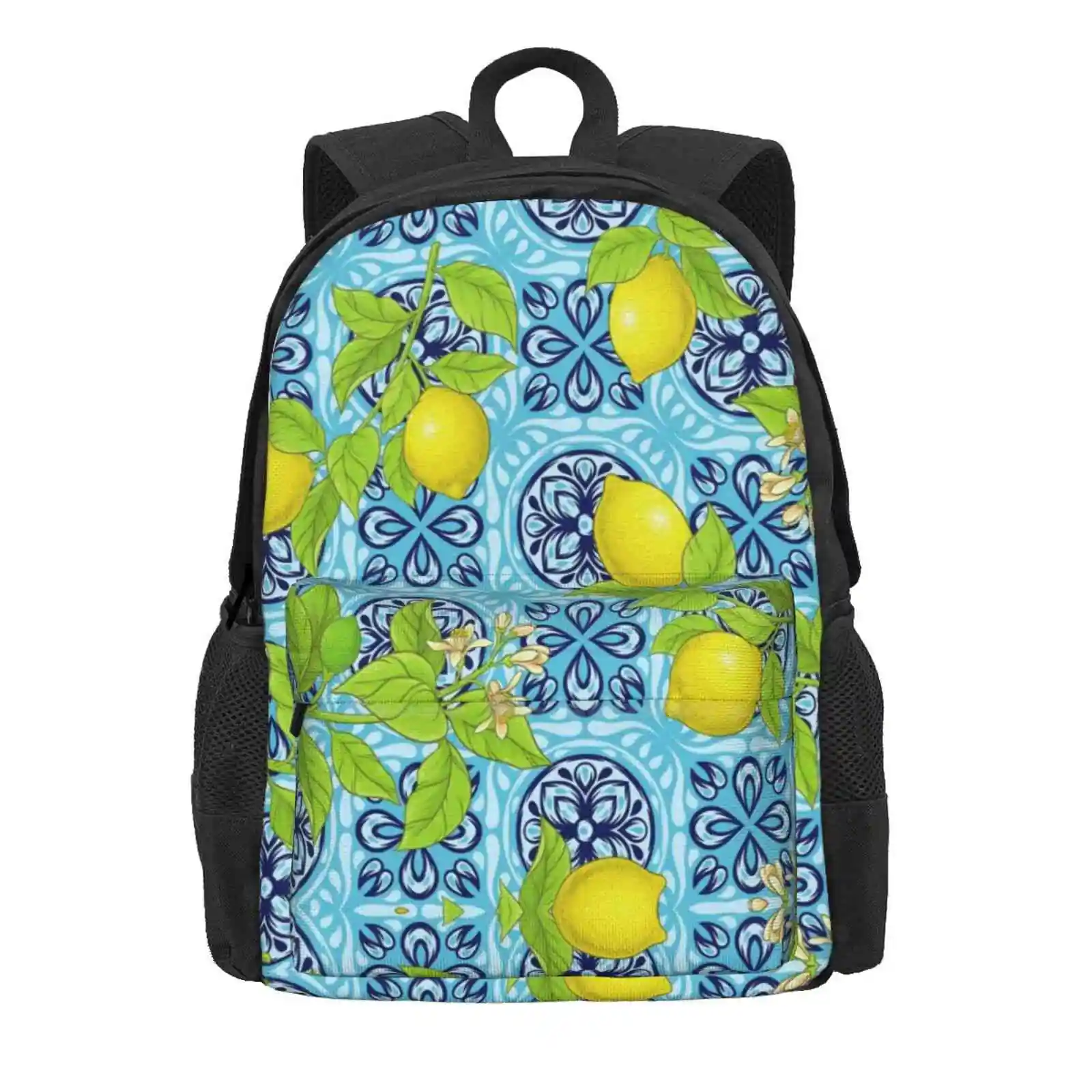 Italian Lemon Branches Fashion Travel Laptop School Backpack Bag Italian Summer Yellow Lemons Blue Citrus Fresh Lemon Pattern