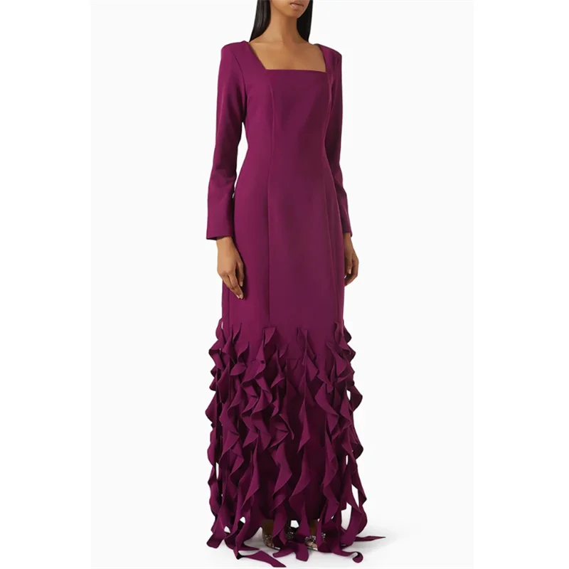 Kwastje paarse avondjurk op maat vierkante hals lange mouwen vloerlengte rugsplit formele gelegenheidsjurken Arabische galajurken