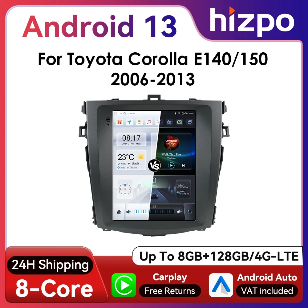 Hizpo 9.7inch Android Auto Car Radio for Toyota Corolla E140 E150 2006 - 2013 Tesla Style Multimedia 4G BT GPS RDS DSP CarPlay