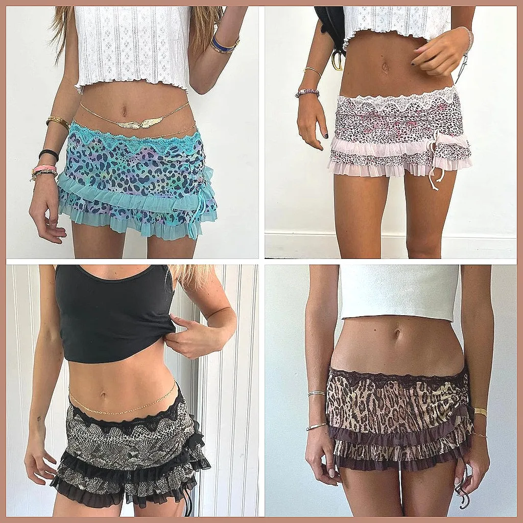 

Мини-юбка с леопардовым принтом Y2K и кружевной отделкой, винтажная юбка-карандаш с низкой посадкой для женщин