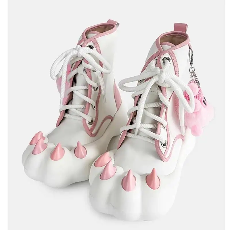 

Cat Paw Platform Lace-Up Ankle Boots Women's White Pink Chunky Sole Short Boots Cosplay Harajuku Y2K with Pom Charm