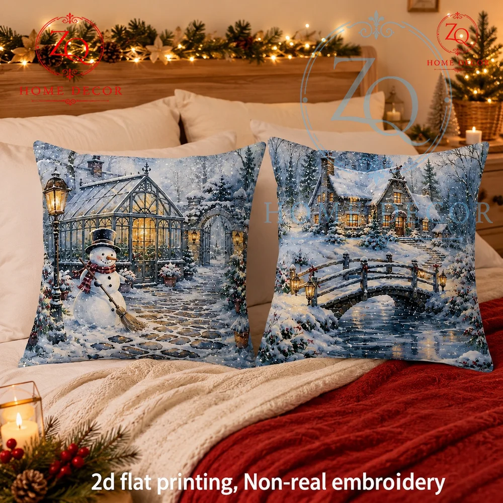 Vintage Winter Wonderland Throw Pillow Cover Snowman  Glass Greenhouse Christmas Decorative Cushion Case for Sofa Couch