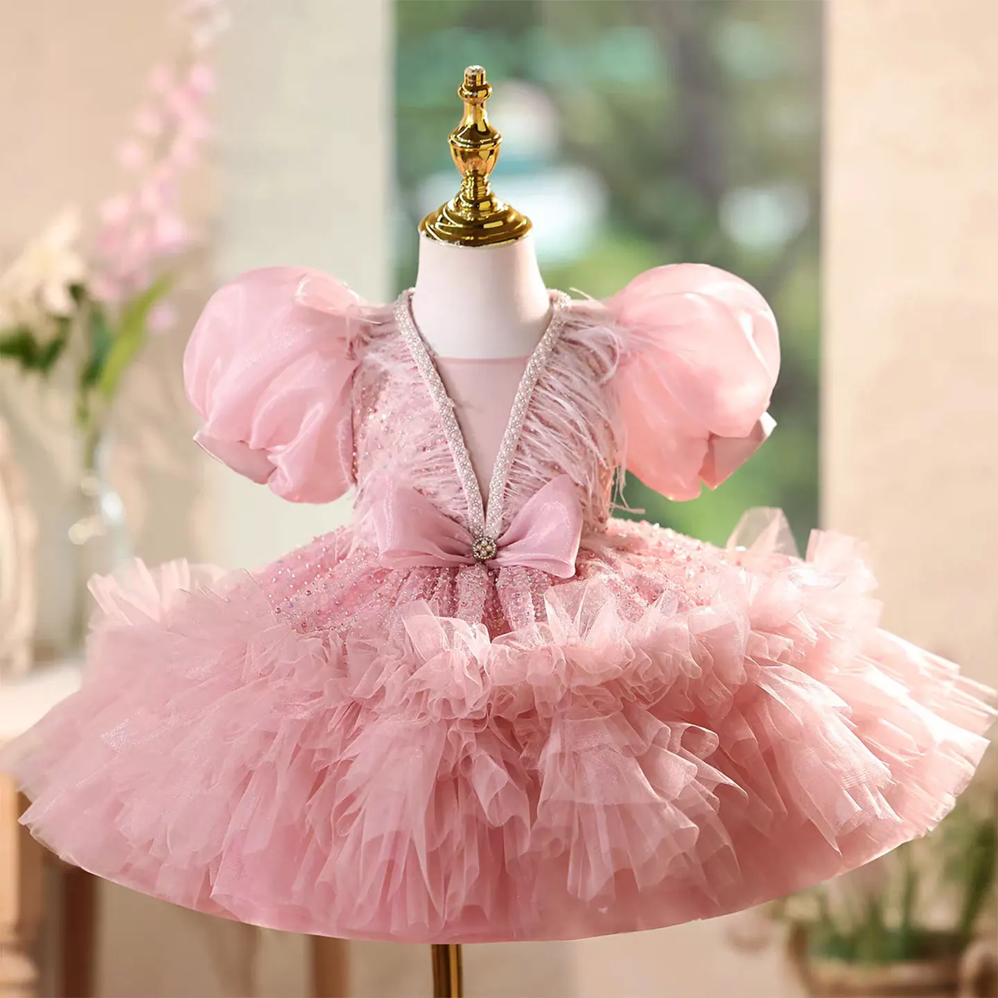 Jill Wish J576 Elegant Pink Flower Girl Dresses with Feathers Knee Length Baby Kids Wedding Birthday Party Holiday Pageant Gown
