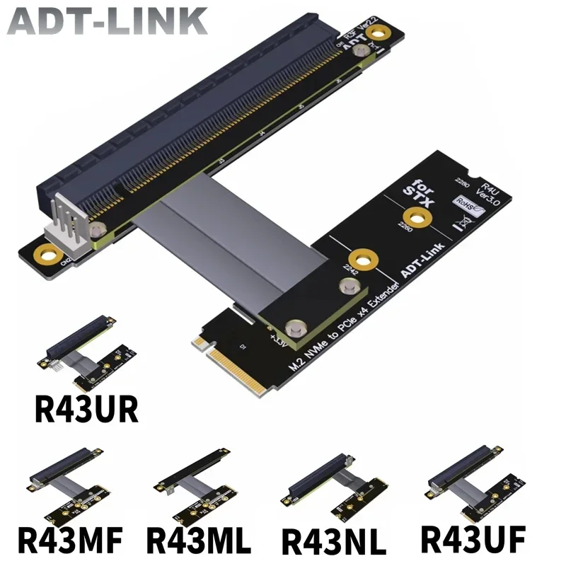 ADT-Link M.2 NGFF NVMe Key-M SSD To PCI-E 3.0 x16 Gen3 Extender Jumper STX GPU Turn 90 Angled Riser Adapter 4Pin Sata Power Cord