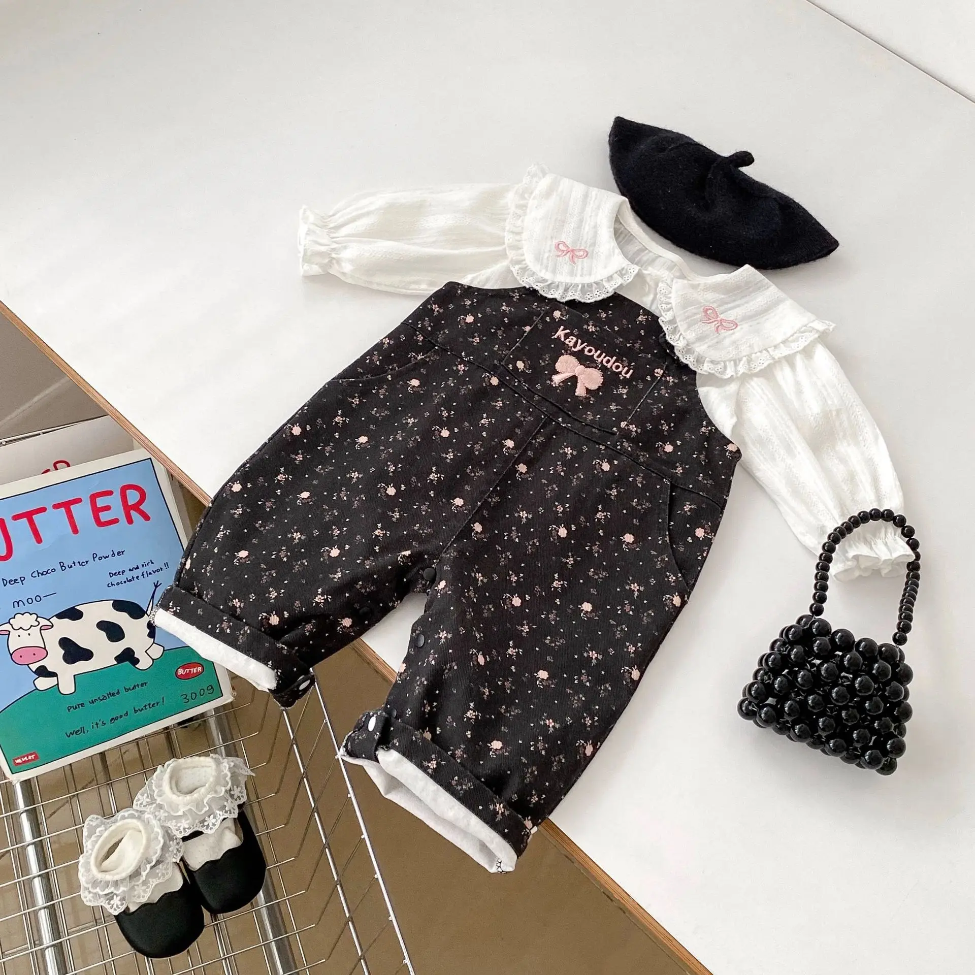 2025 Spring New Baby Girls Floral Overalls Cotton Infant Girl Bow Embroidery Pocket Jumpsuit Toddler Strap Trousers Kids Clothes