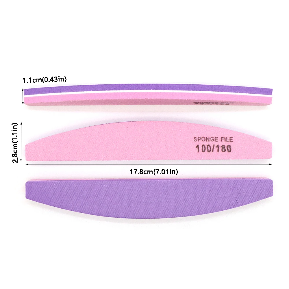 2 Stück waschbare Nagelfeilen, Nagelzubehör, Halbmond-Schwammfeile, Körnung 100/180, Lila, Rosa, zweifarbige Pufferfeile, Nagellack entfernen