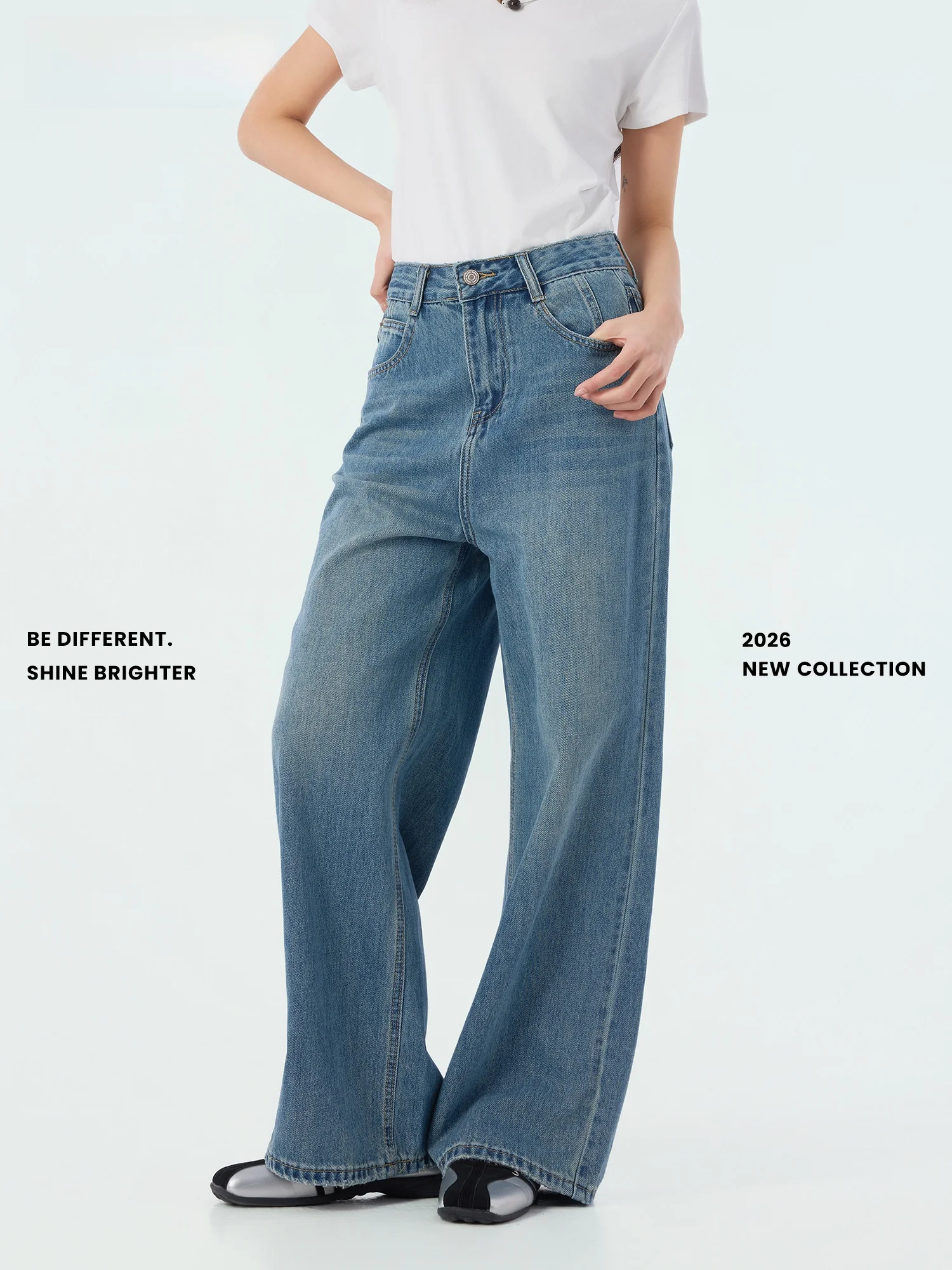 

Didimax Spring New Wide Leg l Waist Jeans Casual Long Straight Blue Loose Women's Jeans Cotton Button Closure