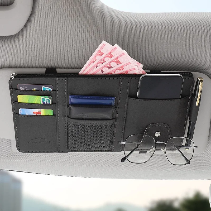 PU Car Sun Visor Organizer with Zipper Multi Pocket for Cards Tickets Glasses Phone Car accessories Suitable for BMW KIA  Audi
