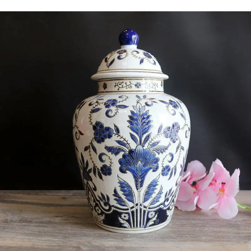 Blue and White Porcelain Flower General Ceramic Ginger Jars Vase Desktop Jewelry Storage Cosmetic Container