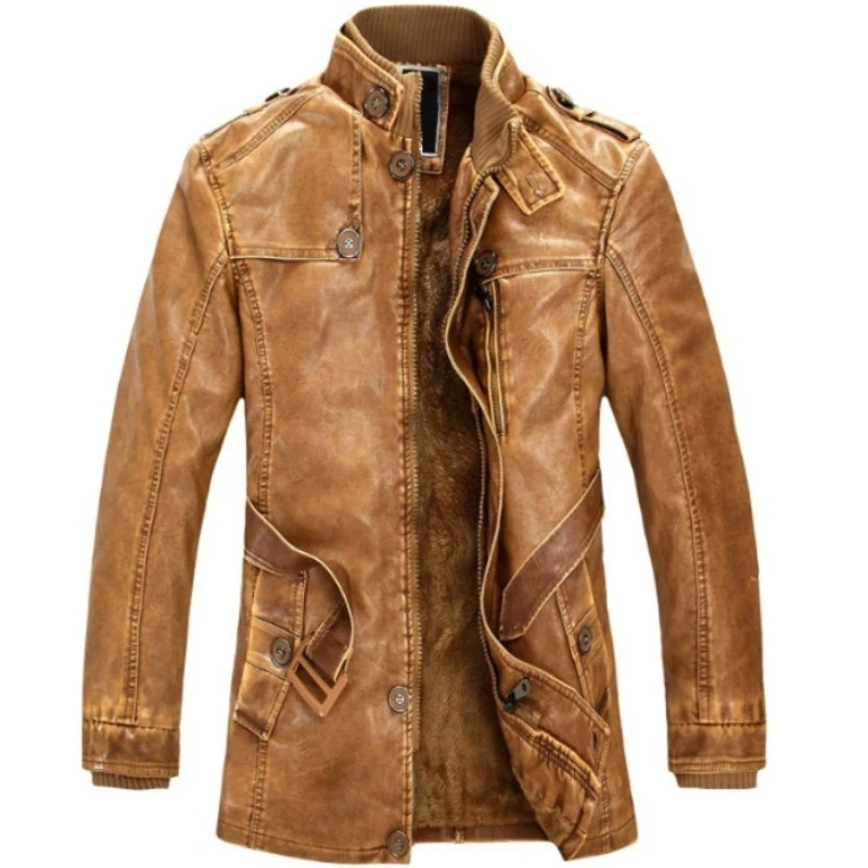 Winter Men Leather Jacket Casual Windproof Thicken Fleece Warm Motorcycle Jackets Plus Size 5XL 6XL Fashion Long Coats Chaqueta