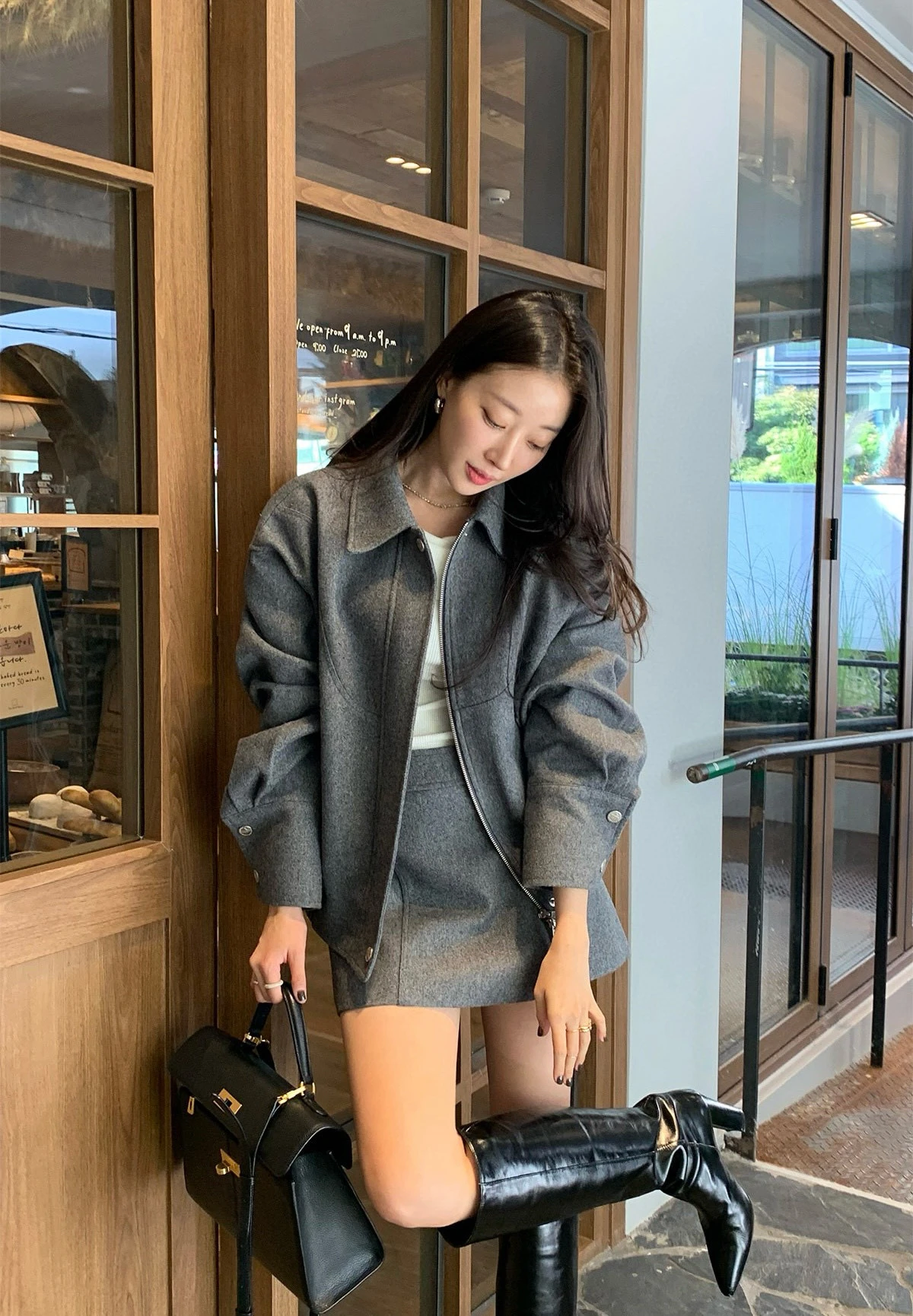 

East Gate Women's Straight Woolen Suit Ele Collar Zipper Jaet Slimming f Skirt Two-Piece Set Faionable Ensemble