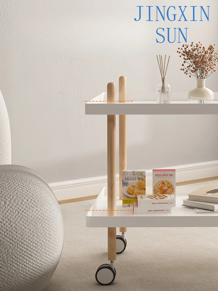 Nordic sofa side cabinet, movable double layer side table storage rack, bedroom bedside table, cart, small coffee table