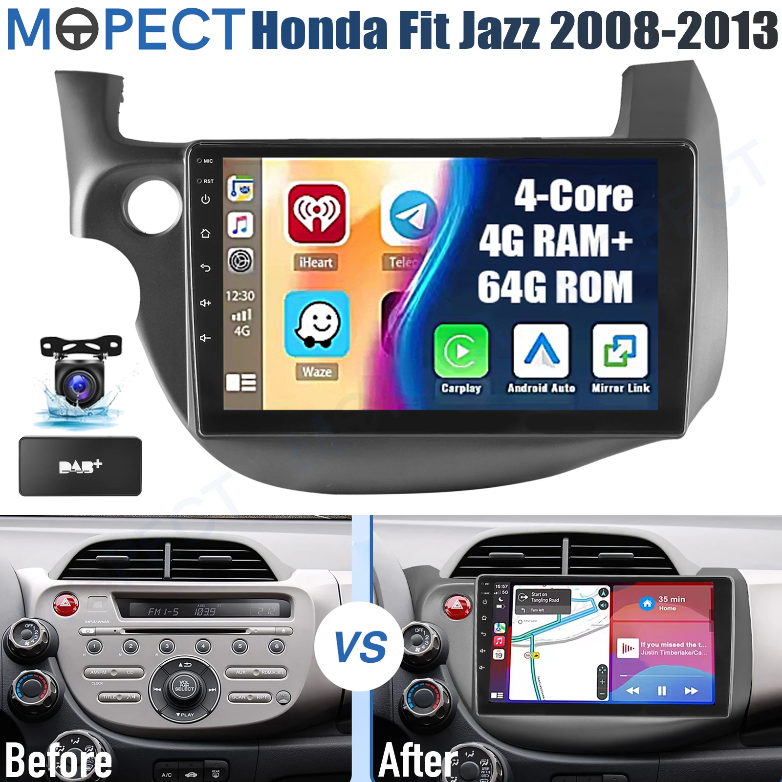 MOPECT 10 inch autoradio 4+64GB voor Honda Fit Jazz 2008-2013 Android 15 CarPlay AM/FM GPS Navigatie BT Touchscreen+DAB&DVR&Camera