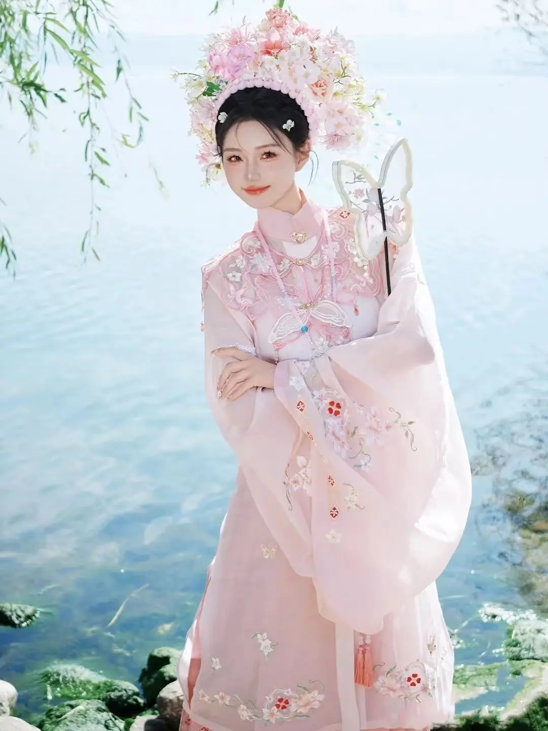 Hanfu horse skirt pink Ming system cloud shoulder stand collar front skirt four-piece female spring summer 2024 new model