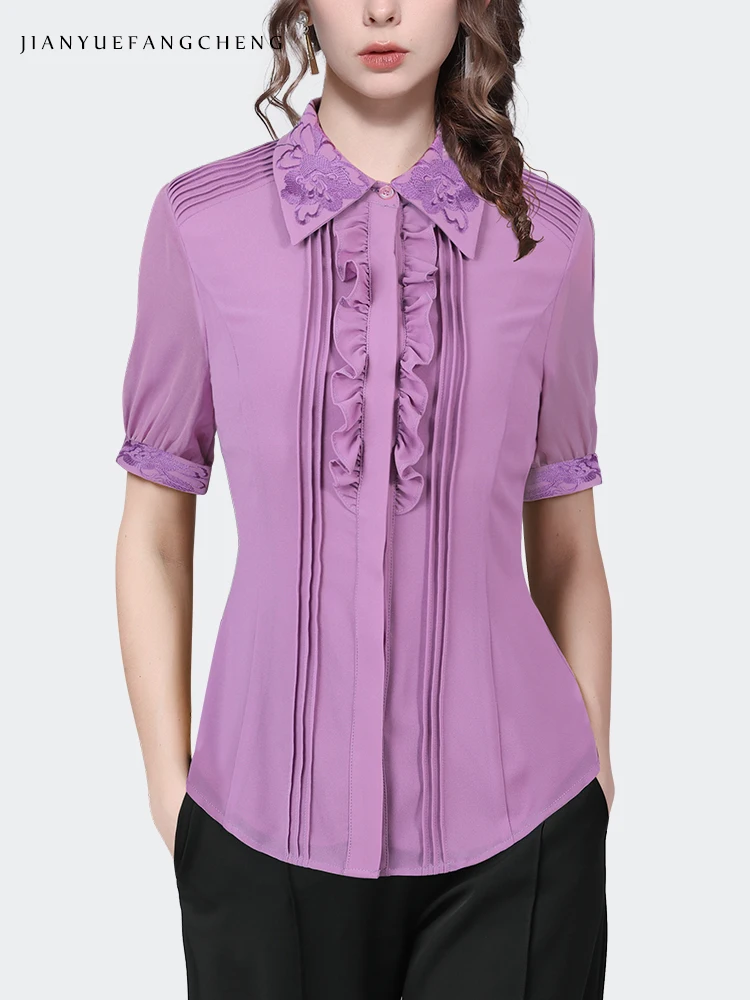 Chemise brodée à volants pour femmes, haut en mousseline de soie, chemisiers de bureau, col rabattu, manches courtes, violet clair, mode estivale, nouveau, 2024