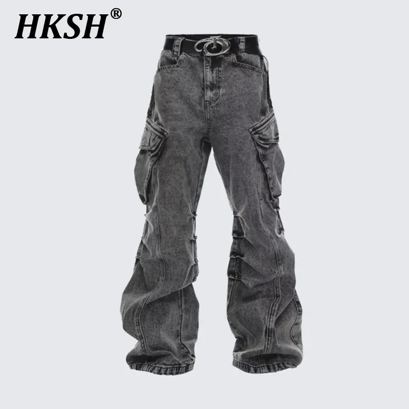 

HKSH Spring Autumn New Men's Tide Chic Original Design Washed Vintage Pockets Cargo Pants Niche Casual Wide-Leg Jeans Ins HK6126