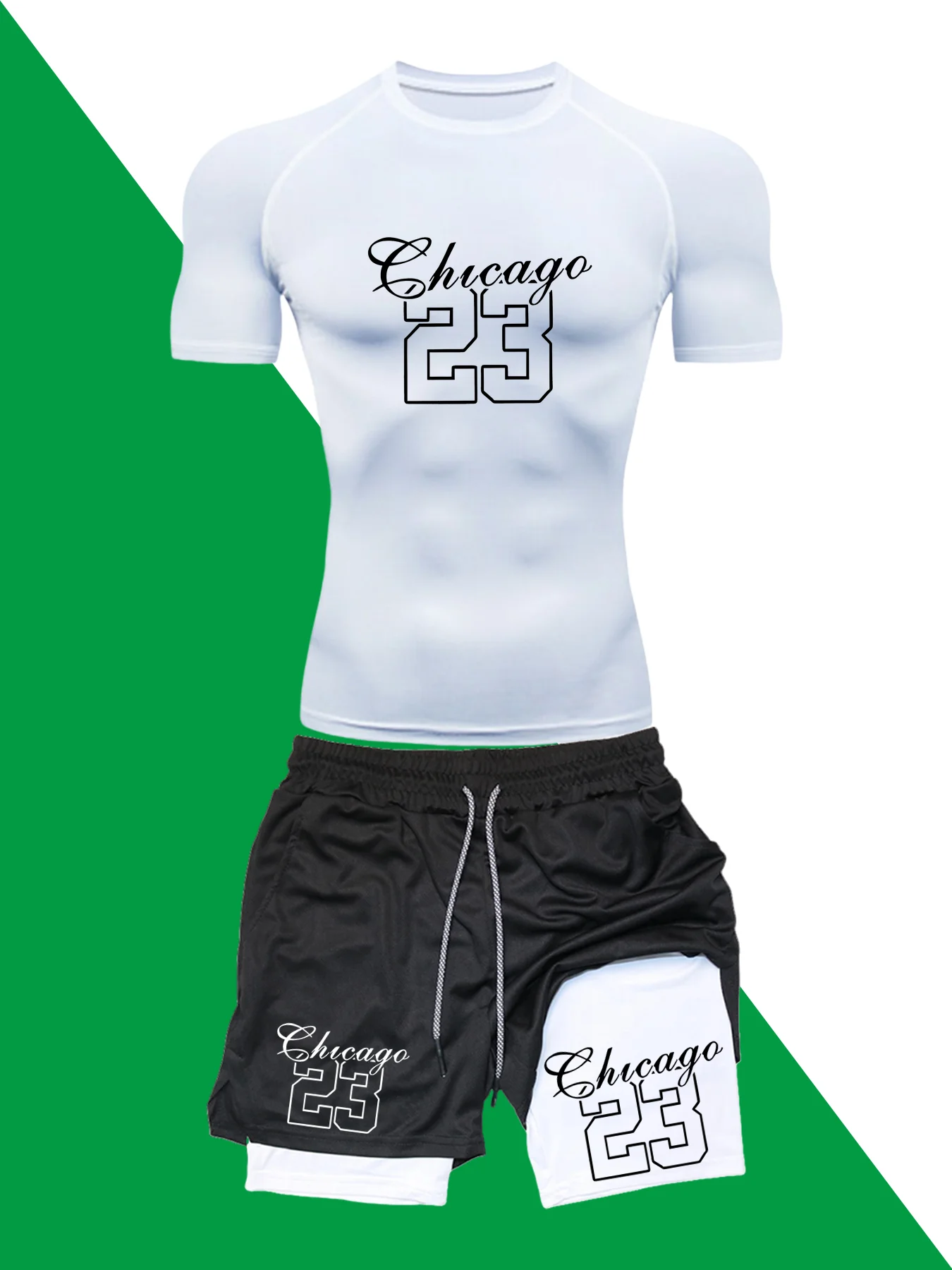 

Men's Sports 2-Piece Kit: Alphanumeric Flower Tight Short Sleeve + Multi-Pocket Double Shorts, Morning Jogging, Gym, Basketball