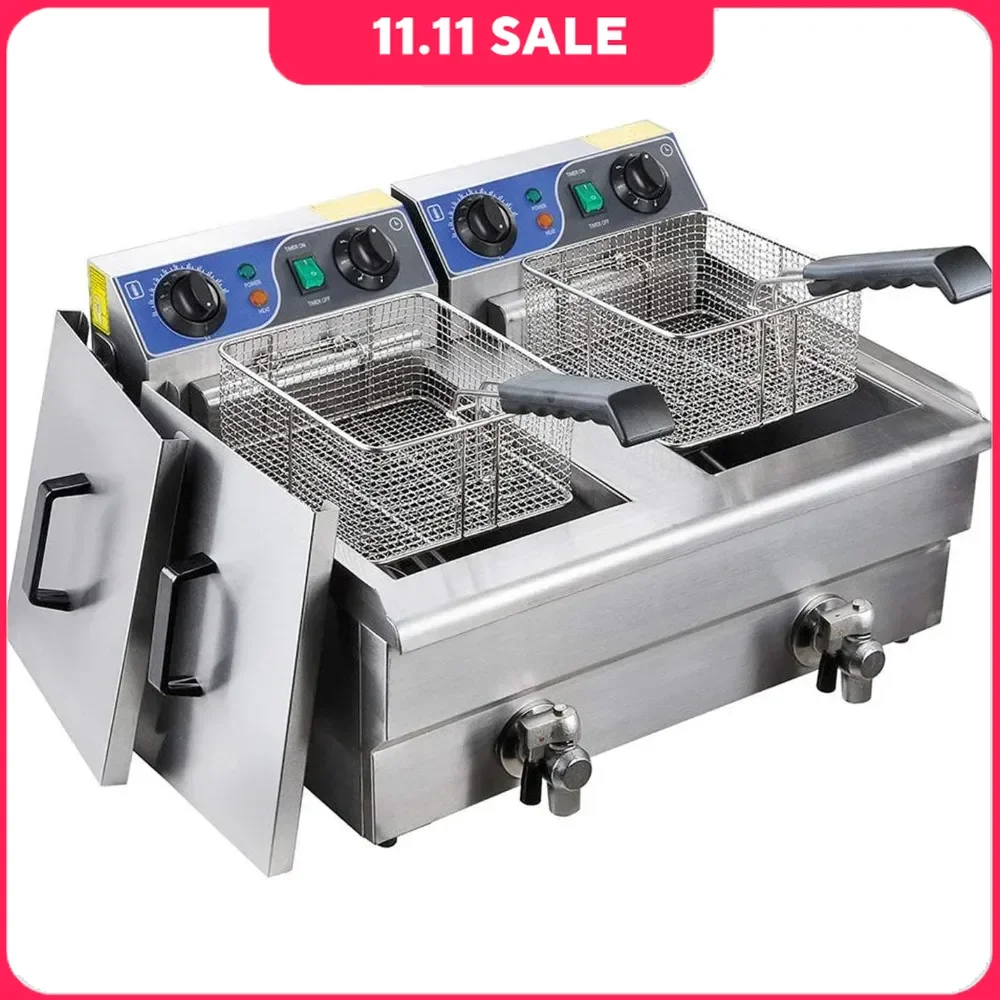 20L Commercial Electric Deep Fat Fryer with Drain and Basket, Stainless Steel Electric Deep Fryers