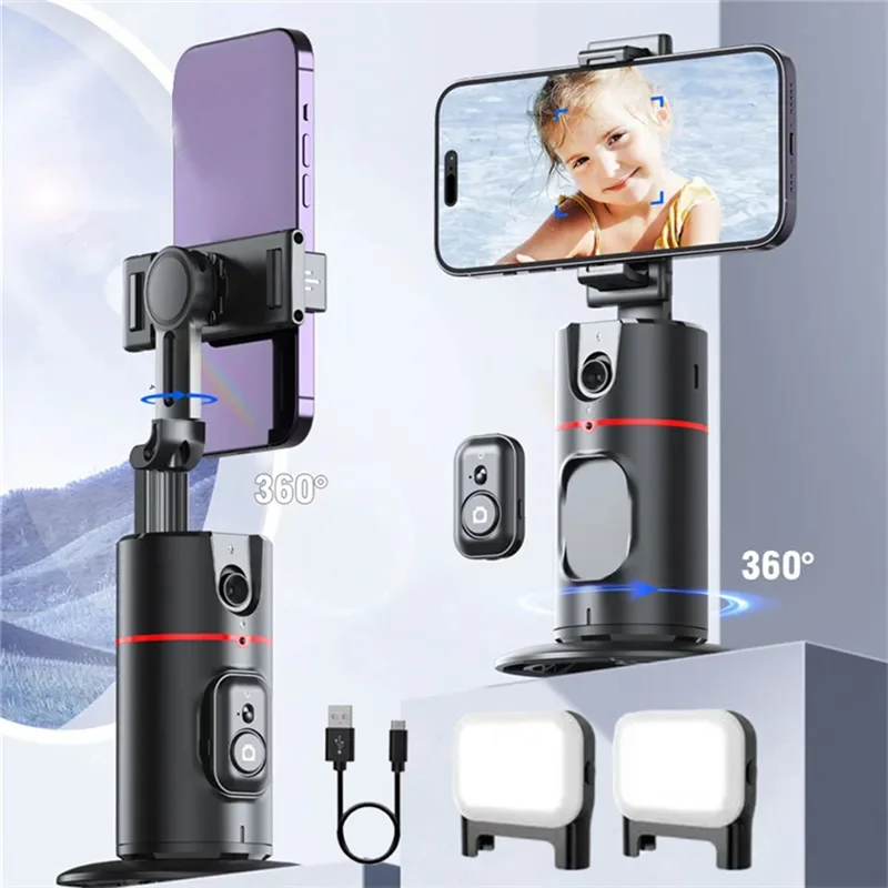 360 °   مثبت Gimbal لسطح المكتب AI تتبع تلقائي Gimbal مع مصراع التحكم عن بعد + ملء الضوء لمثبت الهاتف الذكي متين
