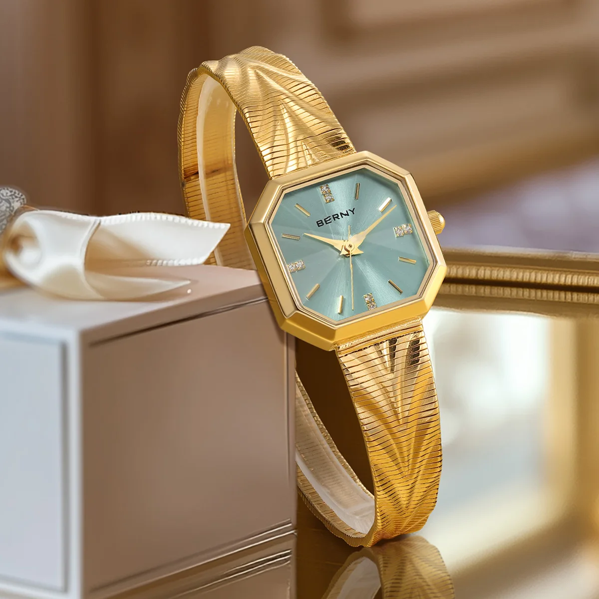 BERNY Gold Watch For Women Octagonal Ladies Quartz Wristwatch Stainless Steel Women Ice Blue Small Golden Watch Luxury Watches