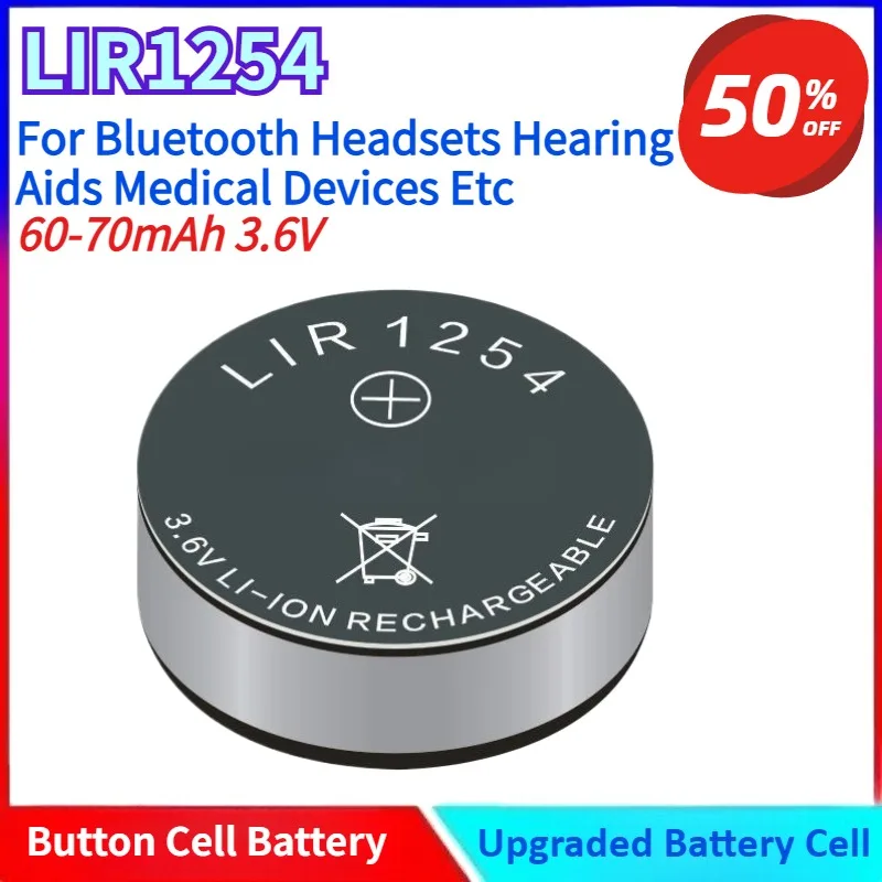 

New LIR1254 3.6V 65-70mAh Lithium-Ion Rechargeable Button Cell Battery for Bluetooth Headsets Hearing Aids Medical Devices Etc