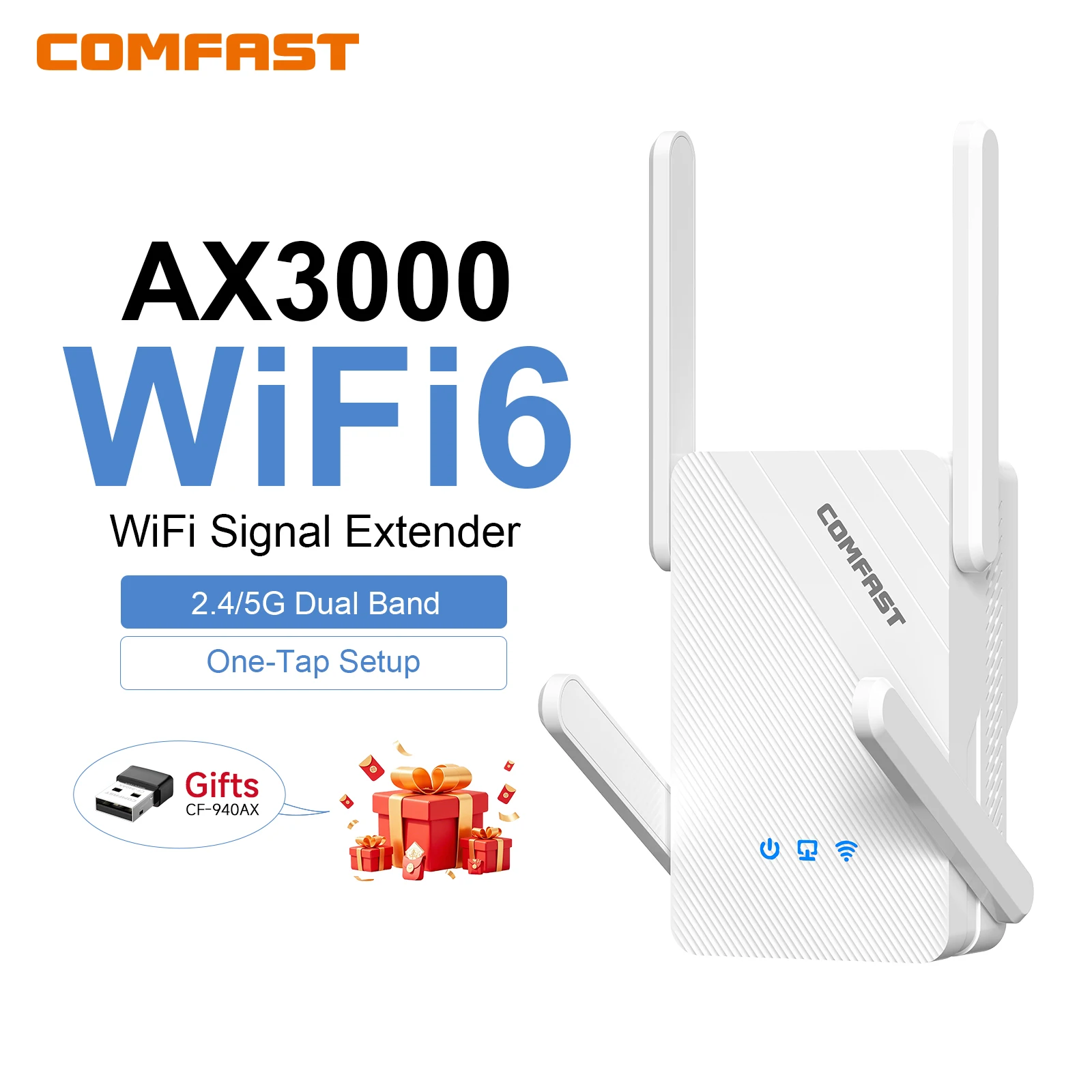 

COMFAST 3000 Мбит/с WiFi6 репитер, беспроводной двухдиапазонный усилитель сигнала 2.4G/5.8G с 4 антеннами, расширитель диапазона сигнала для дома