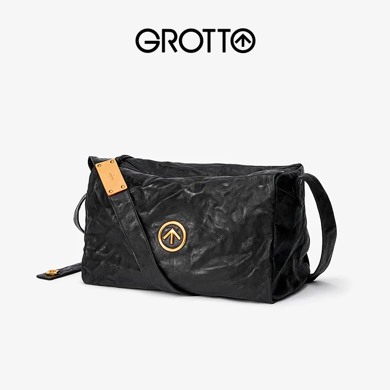 GROTTO Gender-Neutral Black Stone Genuine Leather Large Capacity Single Shoulder Crossbody Soft Bag Light Luxury Commuter Bag