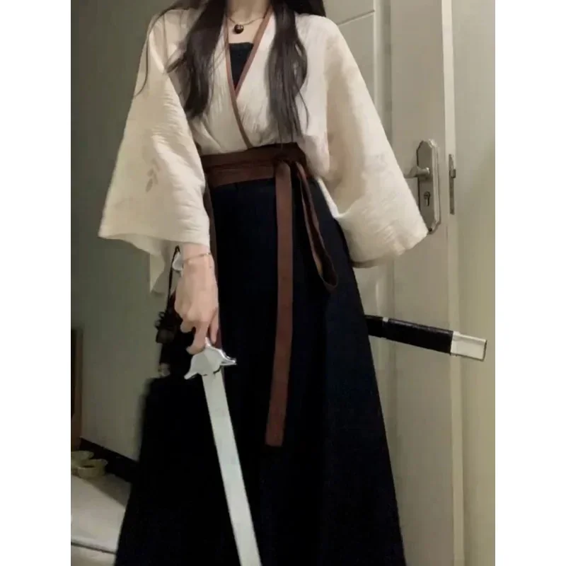 Vestido Hanfu de lino y algodón para mujer, ropa tradicional china de 3 piezas, Kimono japonés con cordones, heroína de Cosplay, 2023