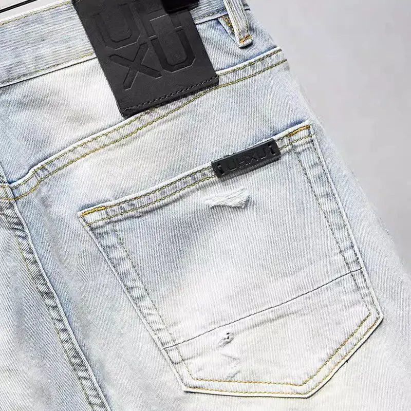 Street Fashion Men Jeans Retro Light Blue Stretch Slim Fit Hole Ripped Jeans Men Vintage Designer Denim Pants Hip Hop Trousers